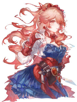 1girl arknights belt blue_dress bow breasts chinese_commentary cleavage commentary_request cowboy_shot dress earrings gloves hair_bow hand_up haruka_(arknights) highres jacket jewelry long_hair long_sleeves looking_at_viewer luoxi medium_breasts mole mole_on_cheek one_side_up orange_eyes orange_hair parted_lips pink_hair pointy_ears ponytail procreate_(medium) red_bow red_gloves simple_background solo white_background white_jacket