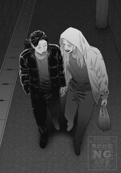 2boys aizawa_shota bag boku_no_hero_academia closed_eyes collarbone facial_hair facing_another greyscale highres holding holding_bag holding_hands hood hood_up jacket jibun0624 long_hair long_sleeves male_focus monochrome multiple_boys mustache open_mouth outdoors ponytail present_mic road scar scar_across_eye scar_on_face sparse_stubble street walking yaoi