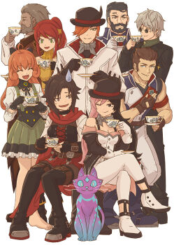 4girls 5boys :d ahoge bare_shoulders beard belt black_corset black_footwear black_gloves black_hair black_hat black_jacket boots bowler_hat brown_belt brown_eyes brown_gloves brown_hair cape cat closed_eyes closed_mouth clover_ebi commentary_request corset crossed_legs cup curious_cat_(rwby) curly_hair drinking eyelashes facial_hair fingerless_gloves frown gloves green_eyes green_shirt green_skirt grey_hair grey_scarf hair_over_one_eye hand_on_own_chest hat hat_feather high_heels holding holding_cup holding_plate jacket james_ironwood leonardo_lionheart long_hair moai_(moai_world) multicolored_hair multiple_boys multiple_girls neopolitan_(rwby) one_eye_closed open_clothes open_jacket open_mouth orange_hair pants penny_polendina pink_hair plate ponytail power_symbol professor_ozpin pyrrha_nikos red_cape red_skirt roman_torchwick round_eyewear ruby_rose rwby scarf shirt short_hair simple_background sitting skirt smile split-color_hair spoilers standing sunglasses suspenders sweatdrop tea_party teacup toned toned_male turtleneck white_background white_footwear white_gloves white_jacket white_pants white_shirt