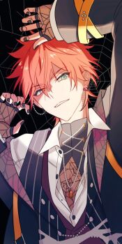 1boy amagi_rinne arm_up beads black_nails blue_eyes buttons clenched_teeth commentary earrings ensemble_stars! esuko_(esu_enst) fingerless_gloves fingernails gloves hand_up jewelry long_sleeves looking_at_viewer male_focus nail_polish official_alternate_costume red_hair silk solo spider_(ensemble_stars!) spider_web symbol-only_commentary teeth