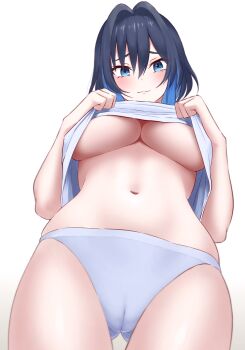 1girl absurdres black_hair blue_eyes blue_hair blue_panties breasts cameltoe clothes_lift eka_kinoko hair_intakes highres hololive hololive_english large_breasts lifting_own_clothes looking_at_viewer navel ouro_kronii panties shirt_lift simple_background solo underboob underwear virtual_youtuber white_background