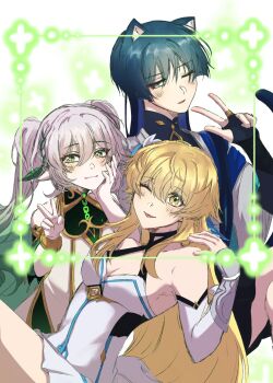 1boy 2girls :p alternate_hair_length alternate_hairstyle arm_cutout armlet armor armpits bare_shoulders black_bodysuit black_bridal_gauntlets black_hair blue_cape blue_feathers blue_flower blue_sleeves blue_trim blunt_ends blush bodysuit border breasts bridal_gauntlets bright_pupils cape cleavage closed_mouth clothing_cutout colored_inner_hair colored_tips criss-cross_halter cross-shaped_pupils detached_sleeves dlgodls0731 dress eyelashes eyeliner eyeshadow feather_hair_ornament feathers flower gem genshin_impact gold gold_ring gold_trim green_border green_cape green_eyes green_gemstone green_hair green_sleeves grey_eyes hair_between_eyes hair_flower hair_ornament half-closed_eyes half_crown_braid halterneck hand_on_own_face hand_up hands_up highres japanese_armor japanese_clothes jewelry kimono kote kurokote layered_sleeves leaf leaf_hair_ornament leaning_back long_hair looking_at_another looking_at_viewer lumine_(genshin_impact) makeup mandarin_collar medium_breasts middle_ring multicolored_flower multicolored_hair multiple_girls nahida_(genshin_impact) one_eye_closed open_mouth out_of_frame purple_hair red_eyeliner red_eyeshadow scaramouche_(genshin_impact) short_sleeves smile streaked_hair symbol-shaped_pupils tareme tongue tongue_out twintails v vambraces w wanderer_(genshin_impact) white_background white_dress white_flower white_hair white_kimono white_pupils white_sleeves wide_sleeves wispy_bangs yellow_eyes