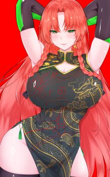 1girl armpits arms_up black_thighhighs braid breasts china_dress chinese_clothes cleavage commentary dragon_print dress english_commentary flat_color green_eyes highres hirwannew hong_meiling huge_breasts long_hair looking_at_viewer orange_hair red_background smile solo thick_thighs thighhighs thighs touhou very_long_hair watermark