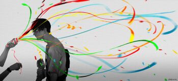 Rule 34 | 2boys, absurdres, commentary, from side, grey background, highres, hikaru ga shinda natsu, holding, holding party popper, hunched over, indou hikaru, kaku (yabe920311), male focus, mole, mole on cheek, mole under mouth, multiple boys, multiple moles, parted lips, party popper, shirt, short hair, streamers, symbol-only commentary, teeth, tsujinaka yoshiki, twitter username, upper body, white shirt