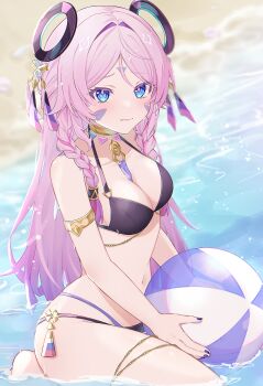 1girl absurdres ball bare_shoulders beach beachball bikini black_bikini blue_eyes blush braid breasts citlali_(genshin_impact) cleavage closed_mouth collarbone commentary facial_mark floating_headgear forehead_mark genshin_impact headgear highres holding holding_ball holding_beachball long_hair looking_at_viewer medium_breasts navel nya_inuha o-ring outdoors pink_hair pink_pupils sitting solo stomach swimsuit triangle triangle_facial_mark twin_braids underwear very_long_hair water