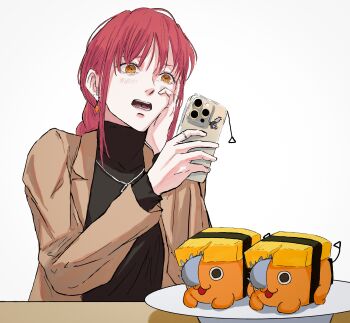 1girl absurdres black_sweater brown_jacket cellphone chainsaw_devil chainsaw_man character_sticker earrings food hand_on_own_cheek hand_on_own_face highres holding holding_phone jacket jewelry light_blush makima_(chainsaw_man) nabe92213 necklace open_mouth phone plate pochita_(chainsaw_man) red_hair ring ringed_eyes sidelocks simple_background smartphone solo sticker sushi sweater table teeth turtleneck turtleneck_sweater white_background yellow_eyes