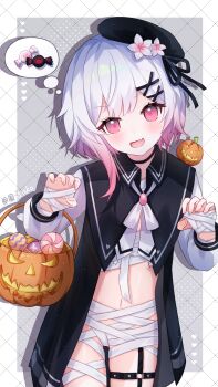 1girl bandages basket beret candy commentary_request fang flower food gradient_hair hair_flower hair_ornament halloween halloween_bucket hat highres looking_at_viewer mahou_shoujo_no_majo_saiban multicolored_hair navel open_mouth pink_eyes pink_hair ribbon sakuraba_ema short_hair solo speech_bubble squash thought_bubble white_hair yuanzi_ako