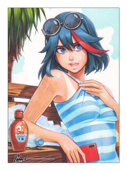 1girl armpits blue_hair bottle breasts eyewear_on_head holding holding_phone kill_la_kill lotion matoi_ryuuko medium_hair multicolored_hair omar_dogan open_mouth phone solo striped_tank_top sunglasses sunscreen tank_top tanline_peek two-tone_hair water_bottle