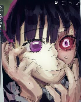 1girl black_hair closed_mouth colored_sclera cracked_kawaii_mask hair_ornament hands_up highres kimetsu_no_yaiba pei_sun pink_hair purple_eyes red_sclera smile solo sweat tsuyuri_kanao unfinished