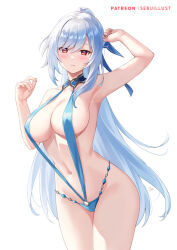 Rule 34 | 1girl, blue slingshot swimsuit, blush, breasts, closed mouth, collarbone, cowboy shot, expressionless, hair between eyes, high ponytail, honkai: star rail, honkai (series), jingliu (honkai: star rail), large breasts, long hair, looking at viewer, navel, red eyes, sebu illust, simple background, solo, standing, white background, white hair