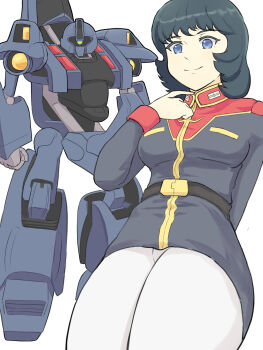 1girl alternate_universe bad_end belt black_hair blue_eyes commentary_request fa_yuiry gundam highres machinery mecha methuss military_uniform mobile_suit pants robot science_fiction shampoorai titans_(gundam) white_background white_pants zeta_gundam zeta_gundam_define