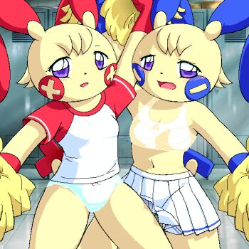 2girls animal animal_ears blonde_hair blush bow bow_bra bow_panties bra breasts cheerleader cleavage clothes_lift crotch_seam embarrassed furry g-sun gen_3_pokemon locker locker_room loli looking_at_viewer minun minus_sign mouse_(animal) mouse_ears mouse_girl multiple_girls navel nintendo open_mouth panties plus_sign plusle pokemon pokemon_(creature) pom_pom_(cheerleading) purple_eyes raglan_sleeves red_bow red_shirt shirt short_hair short_sleeves siblings sisters skirt skirt_lift small_breasts smile standing sweat tail twins underwear white_bow white_bra white_panties white_skirt yellow_fur