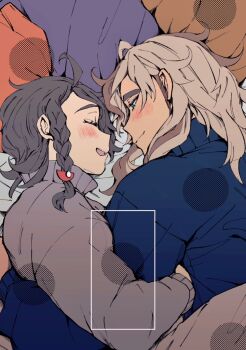 1boy 1girl absurdres affectionate arven_(pokemon) blue_eyes blue_sweater blush braid brown_hair closed_eyes commentary_request cuddling grey_sweater highres juliana_(pokemon) long_hair long_sideburns looking_at_another lower_eyelashes_only lying nintendo on_bed on_side open_mouth pillow pokemon pokemon_sv roji_(rozio) shared_bed side_braid sideburns smile sweater teeth upper_teeth_only