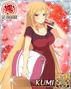 Rule 34 | 1girl, :o, blonde hair, border, breasts, can, card (medium), character name, cleavage, dress, drink can, drinking, game cg, holding, holding pillow, kumi (senran kagura), large breasts, long hair, looking at viewer, nightgown, official art, pajamas, pillow, red dress, red eyes, red nightgown, red pajamas, senran kagura, senran kagura new wave, slit pupils, soda can, solo, very long hair