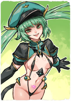 1girl black_gloves black_shrug border corruption cosplay cowboy_shot dark_persona elbow_gloves gloves green_eyes green_hair green_shrug highres jewelry knight_lapis long_hair magical_girl multicolored_shrug nina_wang_rockford no_pants no_wings open_mouth pubic_tattoo revealing_clothes shrug_(clothing) sketch slave_gear slave_lapis slave_lapis_(cosplay) slingshot_swimsuit smile solo swimsuit tail tattoo teeth ts_magical_girl_nao twintails two-tone_shrug upper_teeth_only white_border
