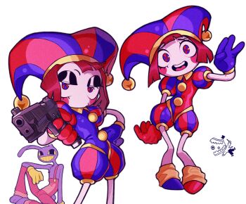 1girl 2boys absurdres animal_ears blue_eyes blue_leotard brown_hair bsapricot caine_(the_amazing_digital_circus) closed_mouth commentary english_commentary gloves gun hat highres holding holding_gun holding_weapon jax_(the_amazing_digital_circus) jester_cap jester_costume leotard looking_at_viewer multicolored_eyes multiple_boys open_mouth overalls pomni_(the_amazing_digital_circus) purple_fur rabbit_boy rabbit_ears red_eyes red_gloves red_leotard red_overalls smile teeth the_amazing_digital_circus two-tone_eyes upper_teeth_only weapon white_background yellow_gloves