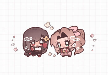 2girls aerith_gainsborough black_hair black_skirt blush blym7oym7759061 braid braided_ponytail brown_hair chibi chibi_only crop_top dress final_fantasy final_fantasy_vii final_fantasy_vii_remake fingerless_gloves flower flower_basket gloves green_eyes grid_background hair_flower hair_ornament hair_ribbon highres jacket long_hair low-tied_long_hair midriff miniskirt multiple_girls open_mouth parted_bangs pink_dress pink_ribbon red_eyes red_jacket ribbon shirt sidelocks skirt smile tifa_lockhart white_shirt yellow_flower