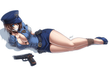 Rule 34 | 1girl, absurdres, bare legs, belt, blue eyes, blue hat, blue shirt, blue skirt, breasts, brown hair, cleavage, commission, gagged, gun, handgun, hat, highres, jill valentine, karosu maker, large breasts, legs, no bra, police, police uniform, policewoman, resident evil, restrained, shirt, signature, simple background, skirt, weapon, white background