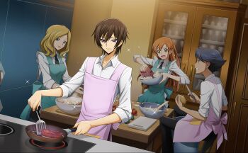 2boys 2girls artist_request black_eyes black_hair black_necktie blonde_hair blue_eyes breasts code_geass code_geass:_lost_stories cooking cooking_pot game_cg green_eyes green_hair grey_hair grilling highres kitchen lelouch_vi_britannia long_hair milly_ashford multiple_boys multiple_girls neck necktie non-web_source official_art orange_hair purple_eyes rivalz_cardemonde school_uniform shirley_fenette shirt short_hair smile stove teeth white_shirt