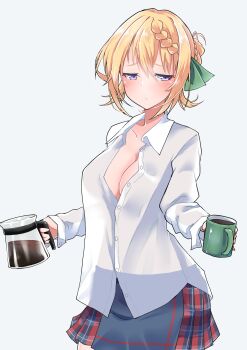1girl absurdres blonde_hair blush braid braided_bun breasts cleavage coffee_mug coffee_pot cowboy_shot cup dress_shirt gluteal_fold grey_background hair_bun half-closed_eyes highres kantai_collection komb looking_at_viewer loose_clothes loose_shirt medium_breasts mug partially_unbuttoned perth_(kancolle) plaid_clothes plaid_skirt pouty_lips purple_eyes see-through_silhouette shirt short_hair simple_background skirt solo steam untucked_shirt white_shirt wing_collar