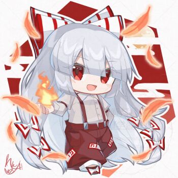 1girl blush bow feathers fire fujiwara_no_mokou hair_bow highres imperishable_night long_hair ofuda ofuda_on_clothes open_mouth pants red_eyes red_pants red_shoes renge_kanatsuki shirt shoes signature simple_background smile solo suspenders touhou white_bow white_hair white_shirt