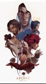 3boys 5girls absurdres arcane:_league_of_legends arcane_jinx arcane_vi black_hair blue_dress blue_hair braid brown_hair character_request copyright_name dark-skinned_female dark-skinned_male dark_skin dress flag flower glowing glowing_eyes highres holding holding_flag ink jinx_(league_of_legends) league_of_legends long_hair multiple_boys multiple_girls patrick_ganas portrait poster_(medium) red_hair rose tank_top twin_braids very_long_hair vi_(league_of_legends) viktor_(league_of_legends) white_hair white_tank_top yellow_eyes