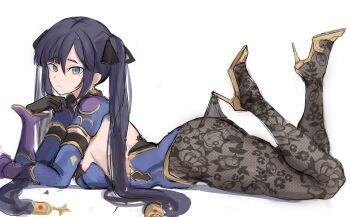 1girl ass asymmetrical_bangs black_gloves black_hair black_ribbon blue_leotard blue_sleeves detached_sleeves elbow_gloves floral_print_pantyhose from_side genshin_impact gloves green_eyes hair_between_eyes hair_ornament hair_ribbon high_heels highres hooked_on_heel lace_pantyhose lace_pantyhose_hooked_on_heel_(meme) leotard long_hair looking_at_viewer lying meme mona_(genshin_impact) on_stomach pantyhose pantyhose_tug rakeemspoon ribbon solo star_(symbol) star_hair_ornament twintails very_long_hair white_background