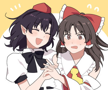 2girls ascot bare_shoulders black_bow black_bowtie blush bow bowtie brown_eyes brown_hair collared_shirt commentary_request detached_sleeves flying_sweatdrops frilled_bow frilled_hair_tubes frilled_shirt_collar frills hair_bow hair_tubes hakurei_reimu hat highres holding_hands interlocked_fingers long_hair medium_hair multiple_girls open_mouth pointy_ears red_bow red_hat red_shirt ribbon-trimmed_sleeves ribbon_trim sakic43899 shameimaru_aya shirt short_sleeves sleeveless smile tokin_hat touhou upper_body white_background white_shirt yellow_ascot yellow_background yuri