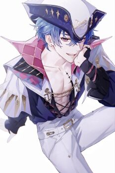 Rule 34 | 1boy, belt, blue hair, brant (wuthering waves), collarbone, earrings, hair between eyes, hand on own face, hashtag-only commentary, hat, highres, invisible chair, jewelry, looking at viewer, male focus, musssvr, pants, purple eyes, short hair, simple background, sitting, smile, solo, tacet mark (wuthering waves), white background, white belt, white pants, wuthering waves