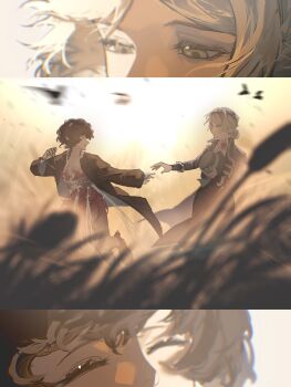 2girls ^_^ backlighting black_coat black_hair black_hat black_pants blurry blurry_foreground boater_hat closed_eyes coat commentary dress english_commentary eye_focus face-to-face feather_dress feather_hair_ornament feathers grey_eyes grey_hair hair_bun hair_ornament hat highres holding holding_unworn_clothes holding_unworn_hat looking_at_another multiple_girls pants profile red_dress red_feathers reeds reverse:1999 running schneider_(reverse:1999) short_hair single_side_bun twilight unworn_hat unworn_headwear upper_body vertin_(reverse:1999) wilson_(wilson1151487) yuri