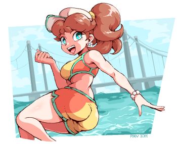 1girl artist_name ass blue_eyes brown_hair crop_top earrings flower_earrings hat ioh jewelry long_hair looking_at_viewer looking_back mario_(series) mario_kart mario_kart_world midriff nintendo ocean open_mouth orange_shorts ponytail princess_daisy princess_daisy_(swimwear)_(mario_kart_world) shorts smile water