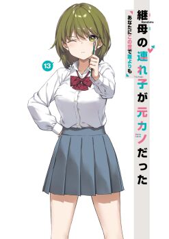 1girl bow bowtie breasts closed_mouth collared_shirt commentary_request copyright_name cover cover_page cowboy_shot green_eyes green_hair grey_skirt hand_on_own_hip higashira_isana highres holding holding_brush long_sleeves looking_at_viewer mamahaha_no_tsurego_ga_moto_kano_datta medium_breasts official_art one_eye_closed pleated_skirt red_bow red_bowtie school_uniform shirt shirt_tucked_in short_hair skirt solo takayaki white_background white_shirt