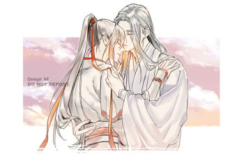 Rule 34 | 2boys, bishounen, black hair, black hanfu, chinese clothes, closed eyes, cloud, commentary request, couple, dated, hair ribbon, hand on another's waist, hands on another's shoulders, hanfu, high ponytail, holding, holding another's hair, holding ribbon, hug, lan wangji, long hair, long sleeves, looking at another, male focus, modao zushi, multiple boys, pale color, parted lips, ponytail, red ribbon, red sash, ribbon, robe, sash, sidelocks, sky, sleeves past wrists, smile, twitter username, upper body, wei wuxian, white hanfu, wide sleeves, yaoi, ykmr (haga)