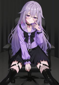 Rule 34 | 1girl, absurdres, black choker, black skirt, black thighhighs, blush, castellayaki, chair, choker, commentary, cowboy shot, english commentary, frills, gem, glasses, hair flaps, hair ornament, hand jewel, heart, heart hair ornament, highres, hololive, hololive english, jewel under eye, jirai kei, koseki bijou, long sleeves, looking at viewer, on chair, purple eyes, purple gem, purple hair, purple shirt, shirt, sitting, skirt, smile, solo, spread legs, thighhighs, x hair ornament
