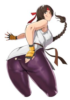 1girl ass braid braided_ponytail breasts brown_eyes brown_hair commentary cropped_legs cummerbund dougi english_commentary fingerless_gloves from_behind gloves grabbing_own_ass hand_on_own_ass headband highres huge_ass huge_breasts karate_gi large_breasts leggings long_hair looking_at_viewer octavius_(octavius_dp) one_eye_closed pale_skin pants ponytail red_headband ryuuko_no_ken single_braid skin_tight skirt smile snk solo spandex spanking spanking_self star_(symbol) the_king_of_fighters tight_clothes tight_pants tongue tongue_out yoga_pants yuri_sakazaki