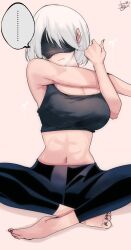 Rule 34 | ..., 1girl, 2b (nier:automata), abs, absurdres, barefoot, black sports bra, blindfold, breasts, covered eyes, crossed legs, highres, kinakomochi (user vedc2333), midriff, mole, mole under mouth, navel, nier:automata, nier (series), pants, short hair, sitting, solo, spoken ellipsis, sports bra, stomach, stretching, white hair, yoga pants