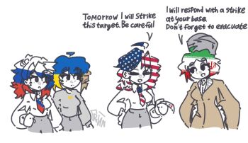 4girls :d american_flag brown_jacket closed_eyes english_text grey_pants highres holding iranian_flag jacket meme multiple_girls necktie open_mouth pants personification real_life russian_flag simple_background smile solo trun2554 turban ukrainian_flag unmoving_pattern white_background