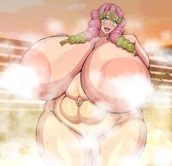 1girl absurdres braid breasts completely_nude convenient_censoring curvy female_focus gigantic_breasts green_eyes green_hair highres huge_areolae kanroji_mitsuri kimetsu_no_yaiba long_hair looking_at_viewer mole mole_under_eye multicolored_hair muscular muscular_female navel nude onsen pink_hair ponkotsu_(robolobo4956) solo steam thick_thighs thighs twin_braids twintails two-tone_hair wet wide_hips