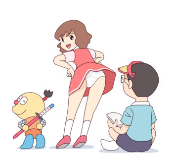 1girl 2boys ass black_eyes black_hair black_shorts blue_shirt book brown_hair closed_eyes dress from_behind hands_on_own_hips hat holding holding_book katana kite_eiichi kiteretsu_daihyakka kiyo_(kyokyo1220) korosuke leaning_forward loli looking_at_viewer looking_back multiple_boys nonohana_miyoko open_mouth panties red_dress red_shoes robot school_uniform sheath shirt shoes short_hair short_sleeves shorts sleeveless sleeveless_dress smile socks standing sword topknot underwear visor_cap weapon white_background white_panties white_shirt white_socks yellow_hat