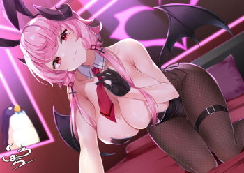 1girl all_fours animal_ears armpit_crease bare_arms bare_shoulders bed belt bernina_(stella_sora) black_gloves black_leotard breasts brown_pantyhose cleavage closed_mouth demon_girl demon_horns demon_wings detached_collar dutch_angle fake_animal_ears fang fishnet_pantyhose fishnets gloves highres horns irohara large_breasts leotard long_hair looking_at_viewer love_hotel low_twintails low_wings necktie on_bed pantyhose pink_hair playboy_bunny rabbit_ears red_eyes red_necktie side-tie_leotard smile solo stella_sora strapless strapless_leotard thigh_belt thigh_strap twintails wings