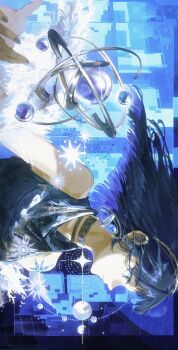 Rule 34 | 1girl, absurdres, blue eyes, blue hair, blue nails, blue theme, chinese commentary, closed mouth, commentary request, earrings, expressionless, floating, floating hair, floating object, hair chain, highres, jewelry, looking ahead, mercuria (reverse:1999), nail polish, reverse:1999, short hair, sideways, solo, telekinesis, upper body, weibo tang