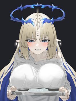 1girl blonde_hair blue_hair blush breasts colored_inner_hair commentary crown_of_thorns dark_background denare_(ysry2252) earrings fleurdelys_(wuthering_waves) floating_earrings highres holding holding_tablet_pc horns huge_breasts jewelry long_hair long_sleeves looking_at_viewer multicolored_hair parted_bangs parted_lips pointy_ears shirt sidelocks single_horn single_off_shoulder solo tablet_pc tacet_mark_(wuthering_waves) upper_body very_long_hair white_shirt wuthering_waves yellow_horns