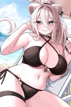 1girl absurdres ahoge alternate_hairstyle animal_ears beach beach_chair bikini black_nails blue_sky blush breasts cleavage closed_mouth cloud commentary_request grey_eyes grey_hair hair_between_eyes halterneck highres hololive large_breasts lion_ears lion_girl lion_tail long_hair looking_at_viewer lying nail_polish o-ring o-ring_bikini on_side outdoors ponytail ruo1001 sand shishiro_botan sky smile solo swimsuit tail thigh_strap virtual_youtuber water