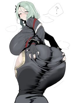 1girl ? absurdres ass black_gloves breasts commentary_request fingerless_gloves from_behind gloves green_eyes green_hair hair_between_eyes highres huge_ass huge_breasts isolde_(zenless_zone_zero) looking_at_viewer looking_back medium_hair simple_background solo spoken_question_mark white_background xipa zenless_zone_zero