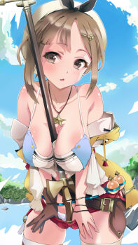 1girl atelier_(series) atelier_ryza atelier_ryza_1 azitama_atsushi_(attyuu) bare_shoulders belt beret between_breasts blue_sky bracelet breasts brown_belt brown_eyes brown_gloves brown_hair camisole collarbone commentary_request cowboy_shot gloves hat highres jacket jewelry large_breasts leaning_forward looking_at_viewer necklace off_shoulder outdoors parted_lips potion red_shorts reisalin_stout short_hair short_shorts shorts single_glove sky solo staff star_(symbol) star_necklace white_camisole white_hat yellow_jacket