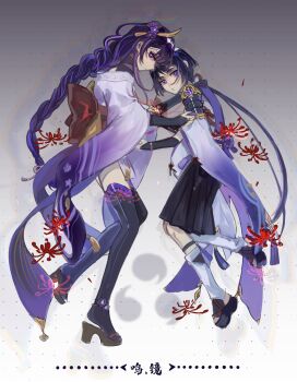 1boy 1girl adapted_costume ankle_flower armor black_hair black_sandals black_shorts black_thighhighs blunt_bangs blunt_ends braid bright_pupils brown_sandals chinese_commentary closed_mouth duplicate floral_print flower full_body furisode genshin_impact gradient_background grey_background hakama hakama_shorts hand_on_another&#039;s_arm hand_on_another&#039;s_shoulder highres japanese_armor japanese_clothes kataginu kimono kimono_skirt kote kurokote leg_warmers long_hair long_sleeves looking_at_viewer low-braided_long_hair low-tied_long_hair middle_ring mother_and_son nihaowojiaoshanghetu obi obiage off_shoulder okobo platform_sandals pleated_shorts purple_eyes purple_flower purple_hair purple_kimono purple_rope raiden_shogun rope sandals sash scaramouche_(genshin_impact) shorts shrug_(clothing) sidelocks single_sode spider_lily stirrup_legwear tassel thighhighs toeless_legwear wanderer_(genshin_impact) white_background white_leg_warmers white_pupils white_sleeves wide_sleeves wolf_cut