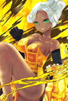 Rule 34 | artist request, breasts, cleavage, dark-skinned female, dark skin, dress, evening gown, gauntlets, gloves, green eyes, jewelry, king of greed, library of ruina, lobotomy corporation, magical girl, necklace, project moon, sleeveless, sleeveless dress, white hair