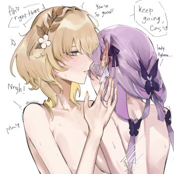 2girls aglaea_(honkai:_star_rail) aqua_eyes blonde_hair castorice_(honkai:_star_rail) commentary flower hair_flower hair_intakes hair_ornament hair_ribbon highres honkai:_star_rail honkai_(series) multiple_girls nude parted_lips pointy_ears purple_ribbon ribbon short_hair silver_(holysilverz) upper_body white_flower yuri
