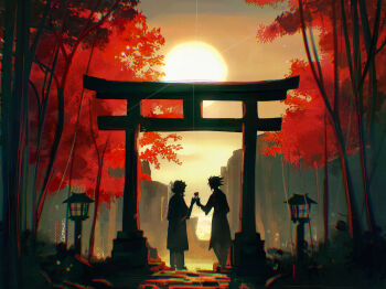 2boys absurdres autumn bush cerakuro dappled_sunlight evening facing_another flower forest hair_slicked_back high_contrast highres holding holding_flower iv_(yu-gi-oh!) kamishiro_ryouga lamppost light_rays male_focus mountain mountainous_horizon multiple_boys nature outdoors path red_leaf red_rope road rope shadow sky stone_walkway sunlight sunset temple tree yellow_sky yu-gi-oh! yu-gi-oh!_zexal