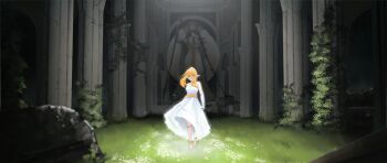 1girl absurdres alternate_costume alternate_hairstyle anklet barefoot blonde_hair church da_vu dress elbow_gloves elf flower gloves grass half-closed_eyes high_ponytail highres indoors jewelry long_pointy_ears looking_at_viewer overgrown pointy_ears ponytail ruins serie_(sousou_no_frieren) smile solo sousou_no_frieren standing statue white_dress white_gloves yellow_eyes